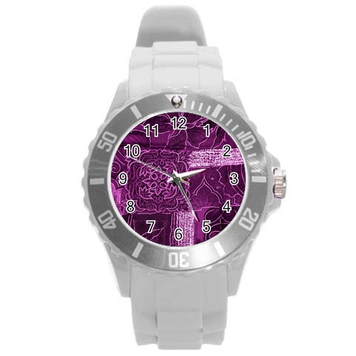 MAGENTA PATCHWORK Round Plastic Sport Watch (L)