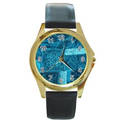 Blue Patchwork Round Gold Metal Watches by trendistuff