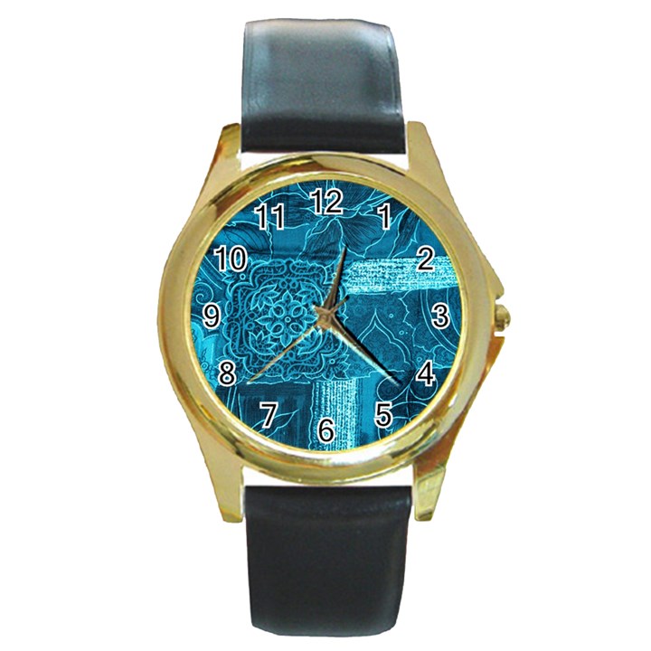 BLUE PATCHWORK Round Gold Metal Watches