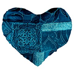 Blue Patchwork Large 19  Premium Heart Shape Cushions