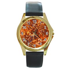 Orange Leaves Round Gold Metal Watches