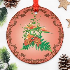 Awesome Flowers And Leaves With Floral Elements On Soft Red Background Ornament (round)  by FantasyWorld7