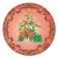 Awesome Flowers And Leaves With Floral Elements On Soft Red Background Magnet 5  (round) by FantasyWorld7