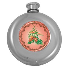 Awesome Flowers And Leaves With Floral Elements On Soft Red Background Round Hip Flask (5 Oz) by FantasyWorld7