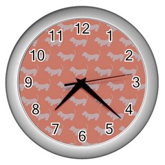 Cute Dachshund Pattern In Peach Wall Clocks (silver)  by LovelyDesigns4U