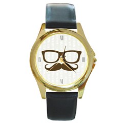 Mustache Round Leather Watch (gold Rim) 