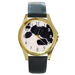 Spotted Cow Hide Round Gold Metal Watches by trendistuff