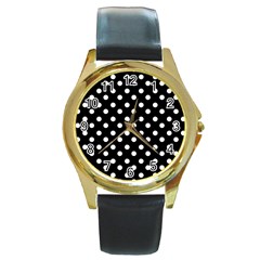 Black And White Polka Dots Round Gold Metal Watches by GardenOfOphir