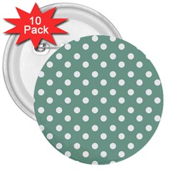 Mint Green Polka Dots 3  Buttons (10 Pack)  by GardenOfOphir