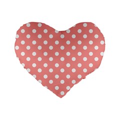 Coral And White Polka Dots Standard 16  Premium Heart Shape Cushions by GardenOfOphir