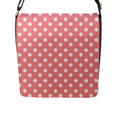 Coral And White Polka Dots Flap Messenger Bag (l)  by GardenOfOphir