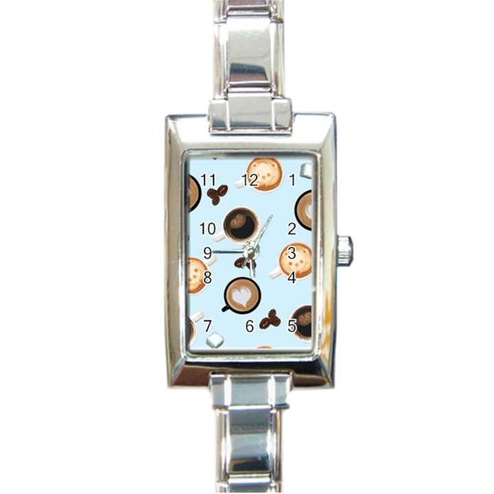 Cute Coffee Pattern on Light Blue Background Rectangle Italian Charm Watches