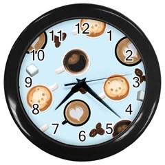 Cute Coffee Pattern On Light Blue Background Wall Clocks (black) by LovelyDesigns4U