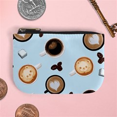 Cute Coffee Pattern On Light Blue Background Mini Coin Purses by LovelyDesigns4U