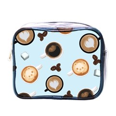 Cute Coffee Pattern On Light Blue Background Mini Toiletries Bags by LovelyDesigns4U