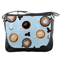 Cute Coffee Pattern On Light Blue Background Messenger Bags by LovelyDesigns4U