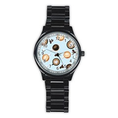 Cute Coffee Pattern On Light Blue Background Stainless Steel Round Watches