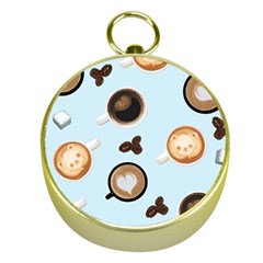 Cute Coffee Pattern On Light Blue Background Gold Compasses by LovelyDesigns4U