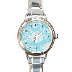 Aqua Blue Floral Pattern Round Italian Charm Watches by LovelyDesigns4U