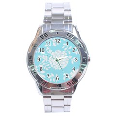 Aqua Blue Floral Pattern Stainless Steel Men s Watch by LovelyDesigns4U