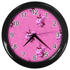 Pink Floral Pattern Wall Clocks (black) by LovelyDesigns4U