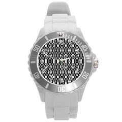 Black And White Geometric Tribal Pattern Round Plastic Sport Watch (l) by dflcprints