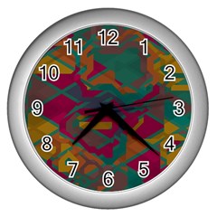 Geometric Shapes In Retro Colors			wall Clock (silver) by LalyLauraFLM