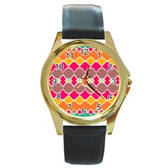 Symmetric Shapes In Retro Colors			round Gold Metal Watch by LalyLauraFLM