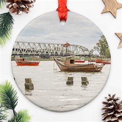 Boats At Santa Lucia River In Montevideo Uruguay Ornament (round)  by dflcprints