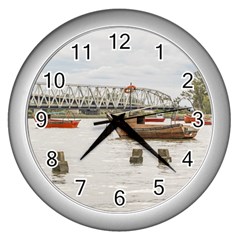 Boats At Santa Lucia River In Montevideo Uruguay Wall Clocks (silver)  by dflcprints