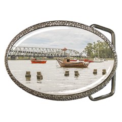 Boats At Santa Lucia River In Montevideo Uruguay Belt Buckles