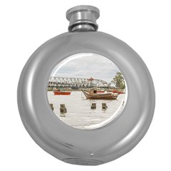 Boats At Santa Lucia River In Montevideo Uruguay Round Hip Flask (5 Oz) by dflcprints