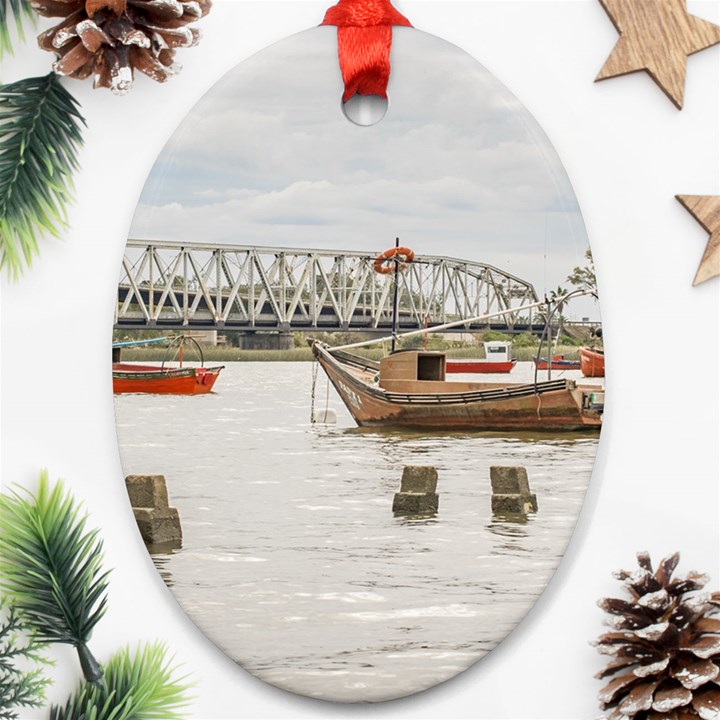 Boats At Santa Lucia River In Montevideo Uruguay Oval Ornament (Two Sides)