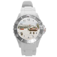 Boats At Santa Lucia River In Montevideo Uruguay Round Plastic Sport Watch (l) by dflcprints