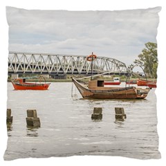 Boats At Santa Lucia River In Montevideo Uruguay Large Cushion Cases (two Sides)  by dflcprints