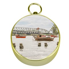 Boats At Santa Lucia River In Montevideo Uruguay Gold Compasses by dflcprints