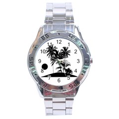 Tropical Scene Island Sunset Illustration Stainless Steel Men s Watch