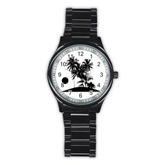 Tropical Scene Island Sunset Illustration Stainless Steel Round Watches