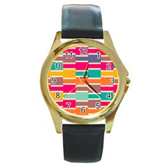 Connected Colorful Rectangles			round Gold Metal Watch by LalyLauraFLM