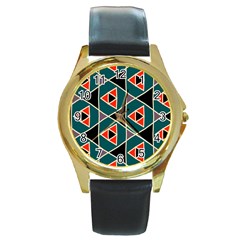 Triangles In Retro Colors Pattern			round Gold Metal Watch by LalyLauraFLM