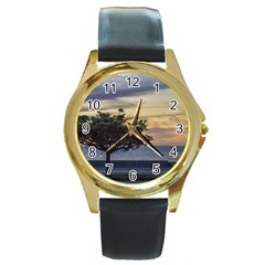 Sunset Scene At Boardwalk In Montevideo Uruguay Round Gold Metal Watches by dflcprints