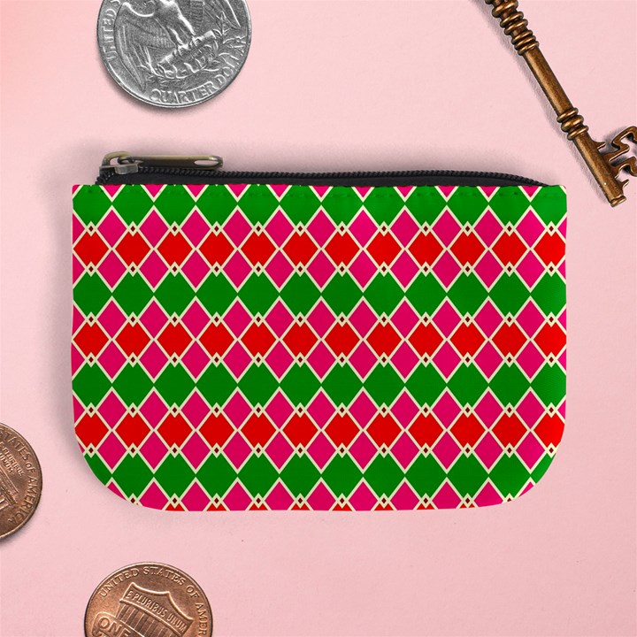 Red pink green rhombus pattern 	Mini Coin Purse