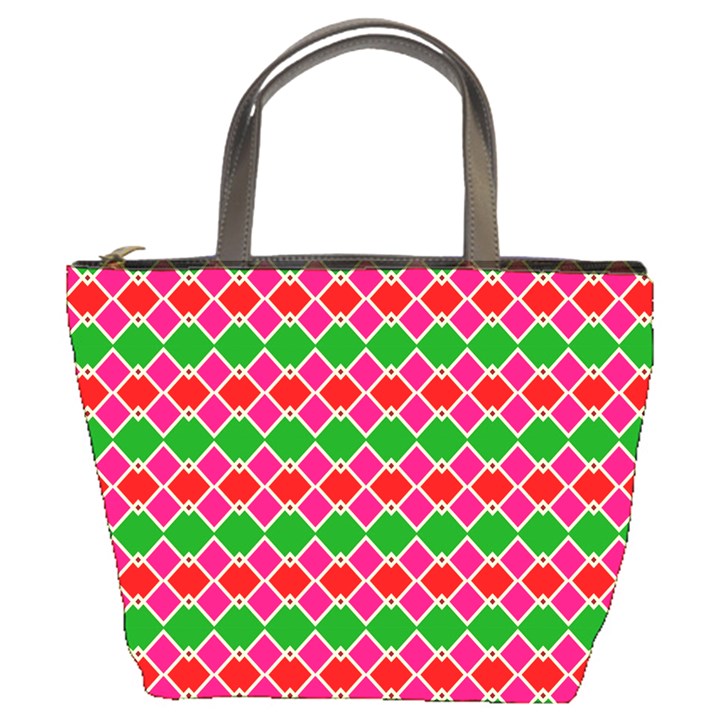 Red pink green rhombus pattern 	Bucket Bag