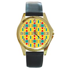 Colorful Chains Pattern			round Gold Metal Watch by LalyLauraFLM