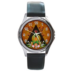 Surfing, Surfboard With Flowers And Floral Elements Round Metal Watches by FantasyWorld7