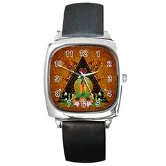 Surfing, Surfboard With Flowers And Floral Elements Square Metal Watches by FantasyWorld7