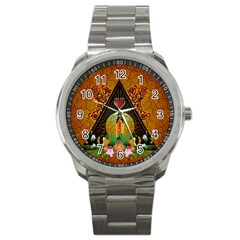 Surfing, Surfboard With Flowers And Floral Elements Sport Metal Watches by FantasyWorld7