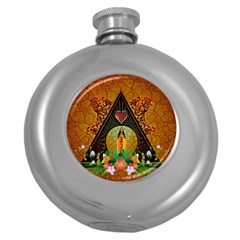 Surfing, Surfboard With Flowers And Floral Elements Round Hip Flask (5 Oz) by FantasyWorld7