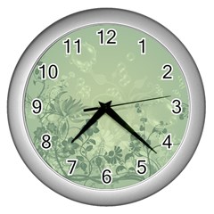 Wonderful Flowers In Soft Green Colors Wall Clocks (silver)  by FantasyWorld7