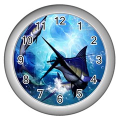 Awersome Marlin In A Fantasy Underwater World Wall Clocks (silver)  by FantasyWorld7